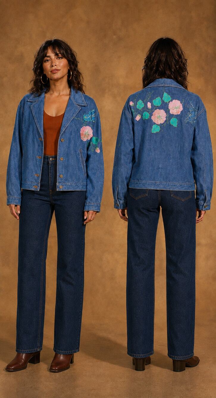 Vintage Denim Floral Butterfly Painted Jacket Size M Oversized Fairy Boho Artsy